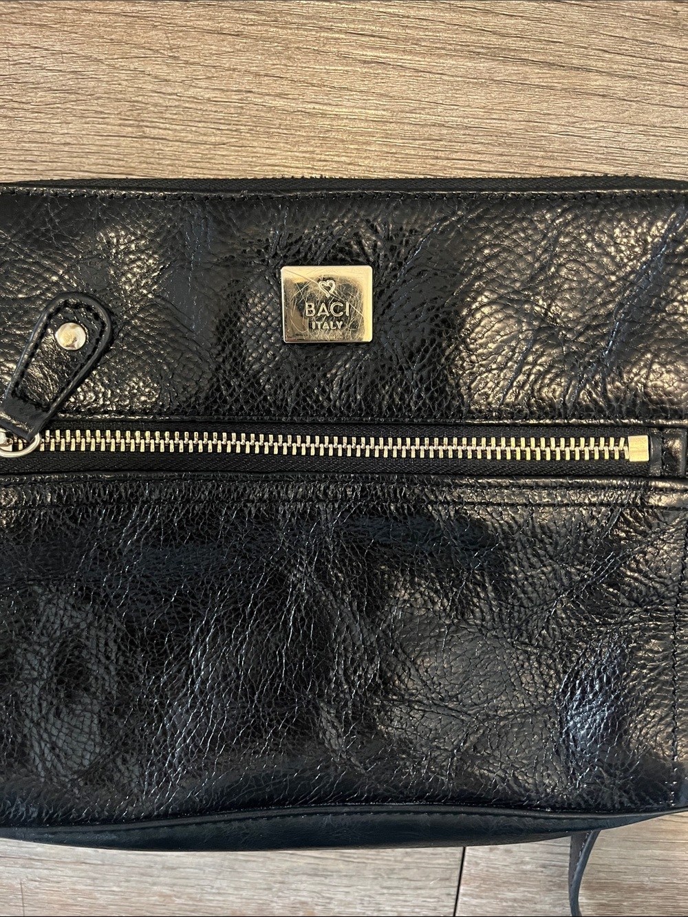 Black Leather Baci Italy Crossover Bag